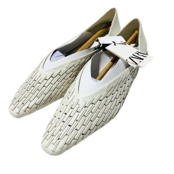 ZARA LOW HEEL WOVEN LEATHER SHOES Beige - Picture 8 of 10